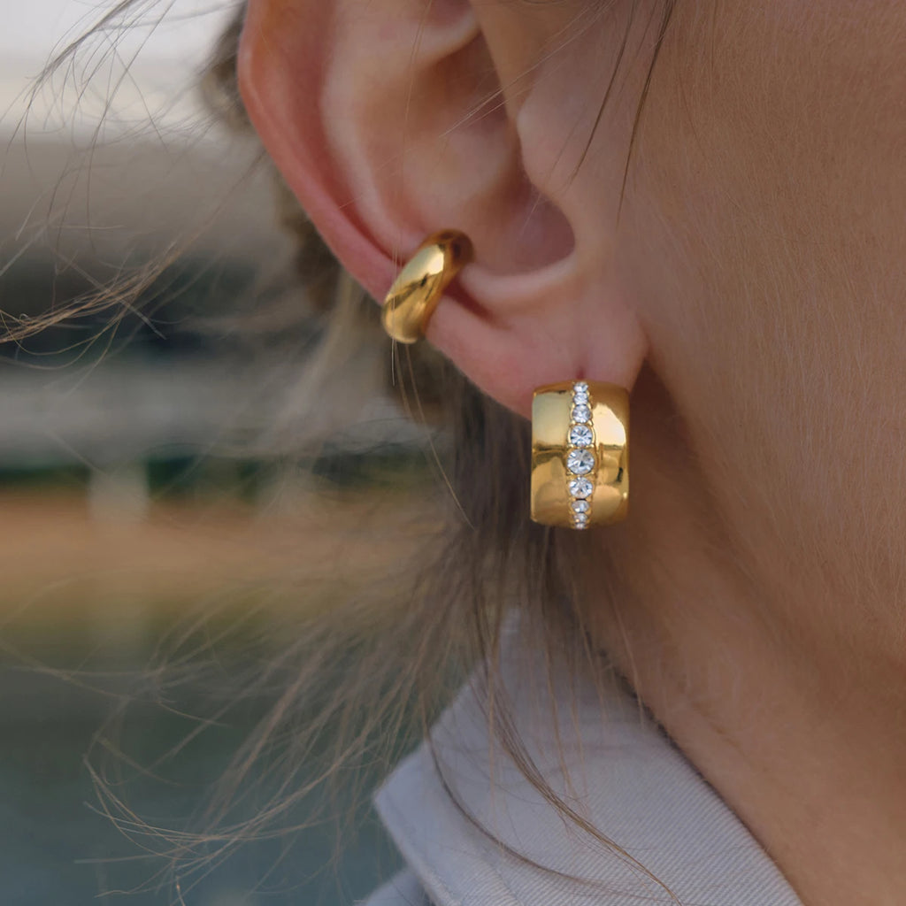 Classic Gold Color Wide-Faced Ear Buckle Earring With White Rhinestone