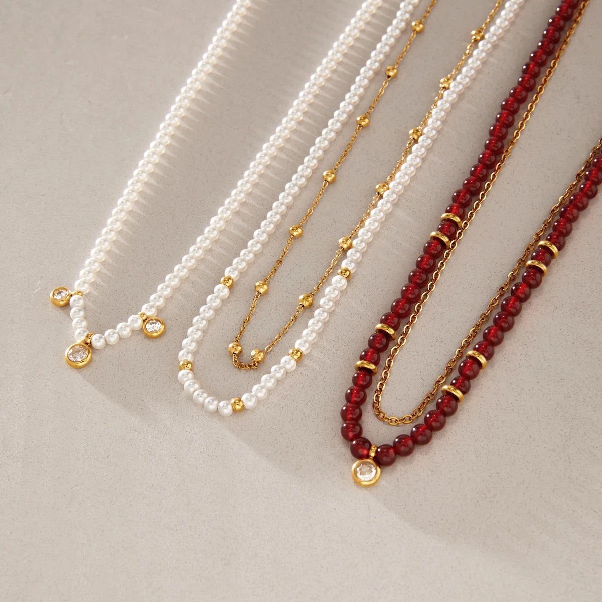 KIKA Red Agate Stone Imitation Pearl Beaded Necklace 18K Gold Plated Stainless Steel 316L