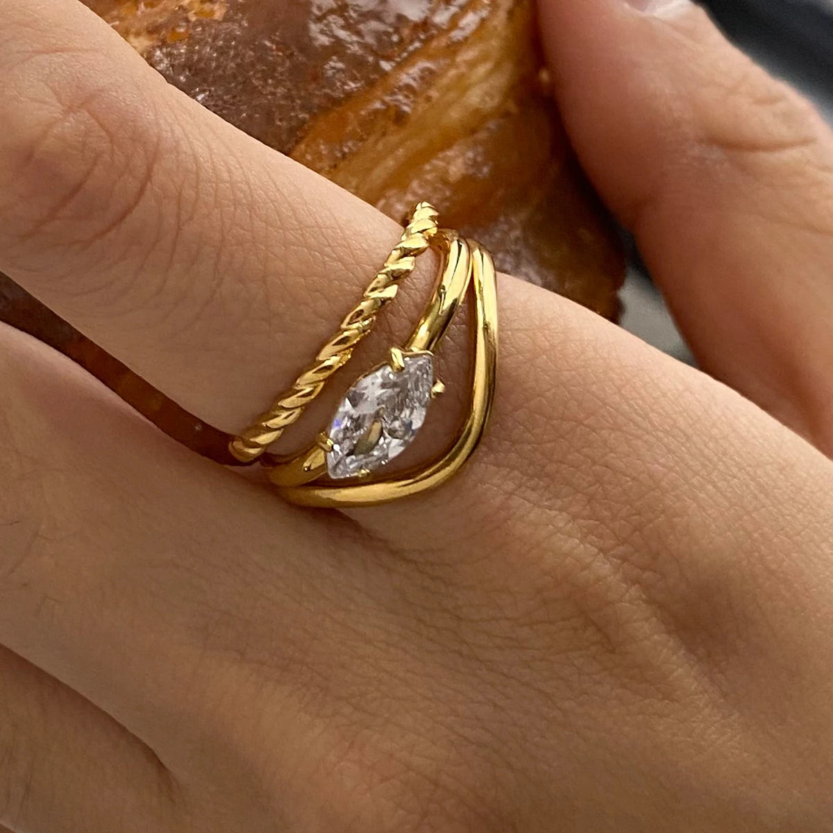 Kika Minimalist Zircon Ribbed Flower Stackable Ring
