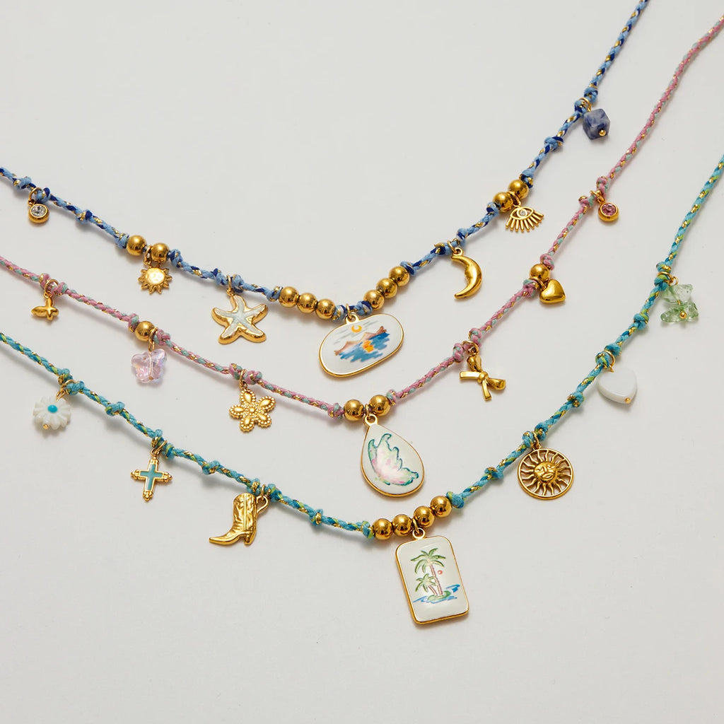 Kika Trend Acrylic Pearl Drip Oil Printed Pendant Blue Handmade Rope Necklace
