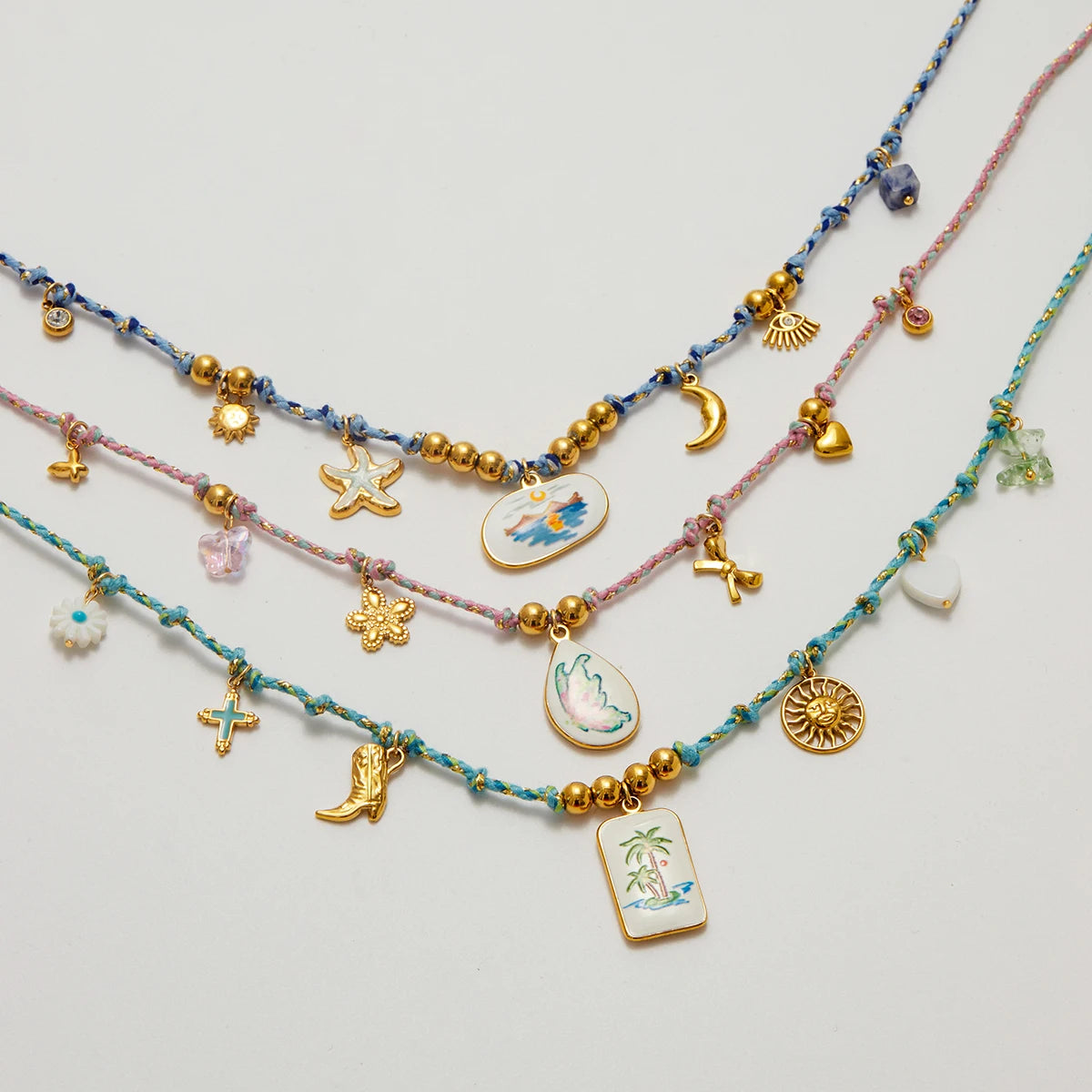 Kika Trend Acrylic Pearl Drip Oil Printed Pendant Blue Handmade Rope Necklace
