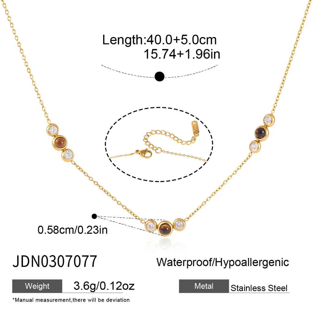 KIKA Tiger Eye Stone Zircon Pendant Necklace For Women Minimalist 18K Gold PVD Plated Stainless Steel 316L