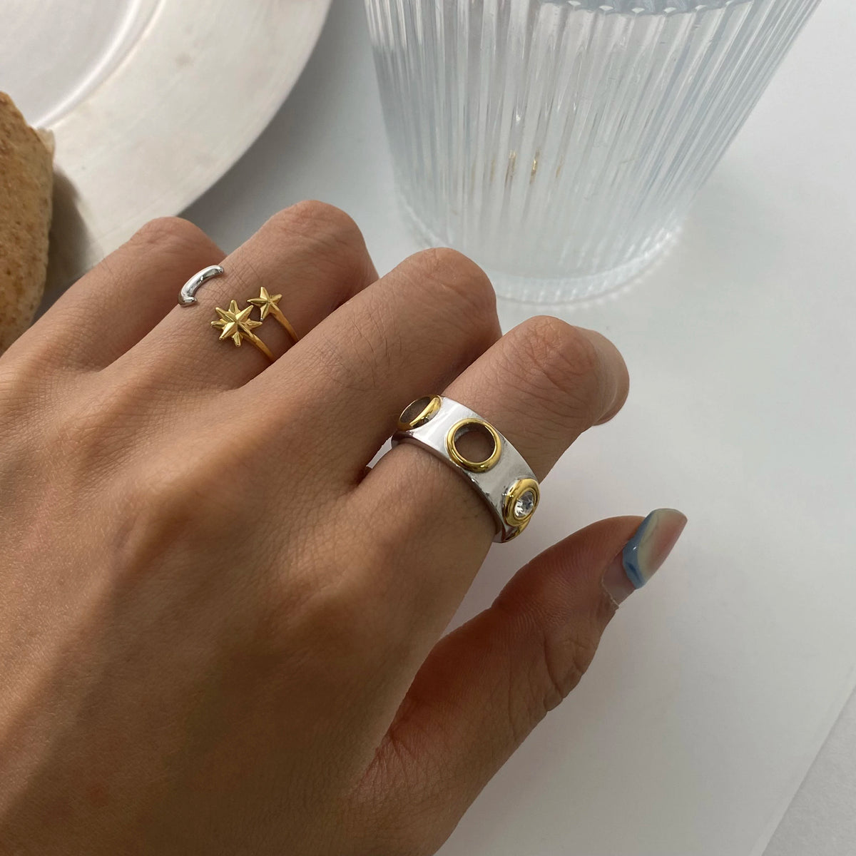 Kika Minimalist 18K Gold Color Plated Stainless Steel Two tone Zircon Ring Round Hollow Stackable Ring Women's Jewelry