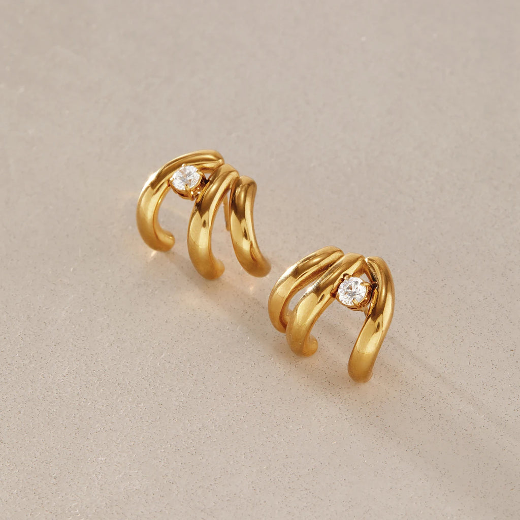 KIKA Round Zircon Multilayer C Shape Stud Earrings For Women 18K Gold PVD Plated Stainless Steel Earrings Fashion Jewelry Gift