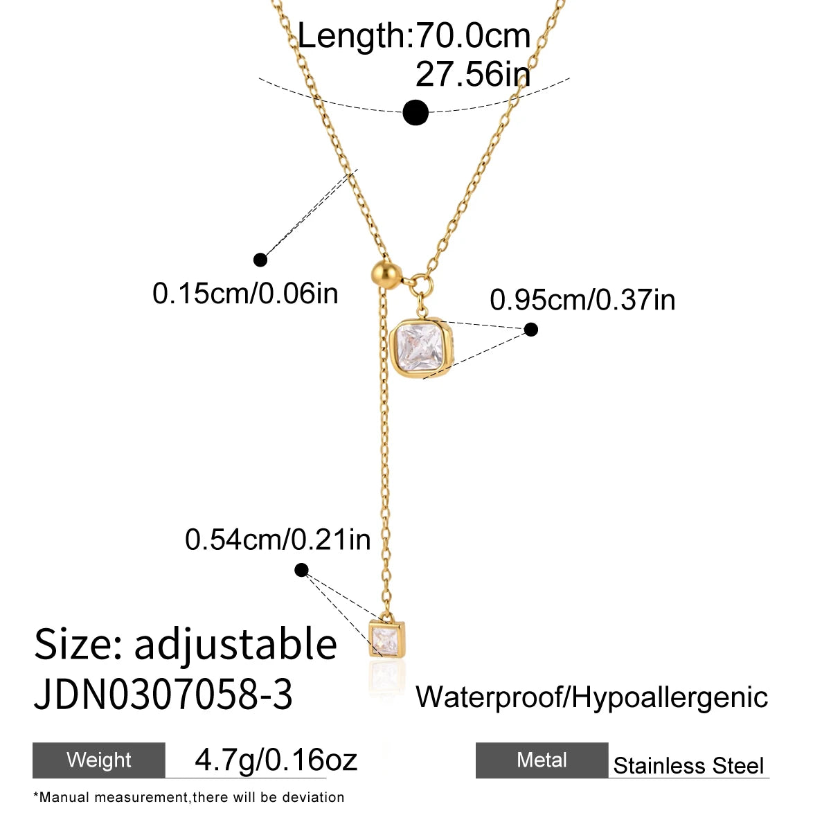 KIKA Geometric Zircon Pendant Necklace For Women Adjustable 70cm Long Chain 18K Gold PVD Plated Stainless Steel 316L