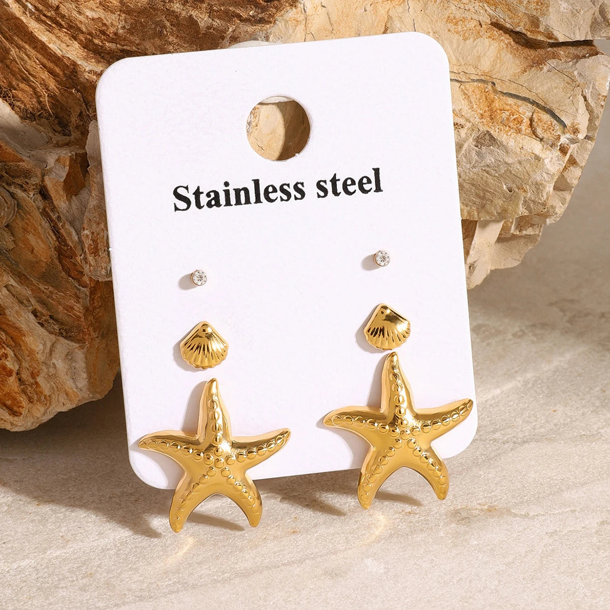 Exquisite 3-Pair Earring Set Shell Starfish Ear Studs Stackable