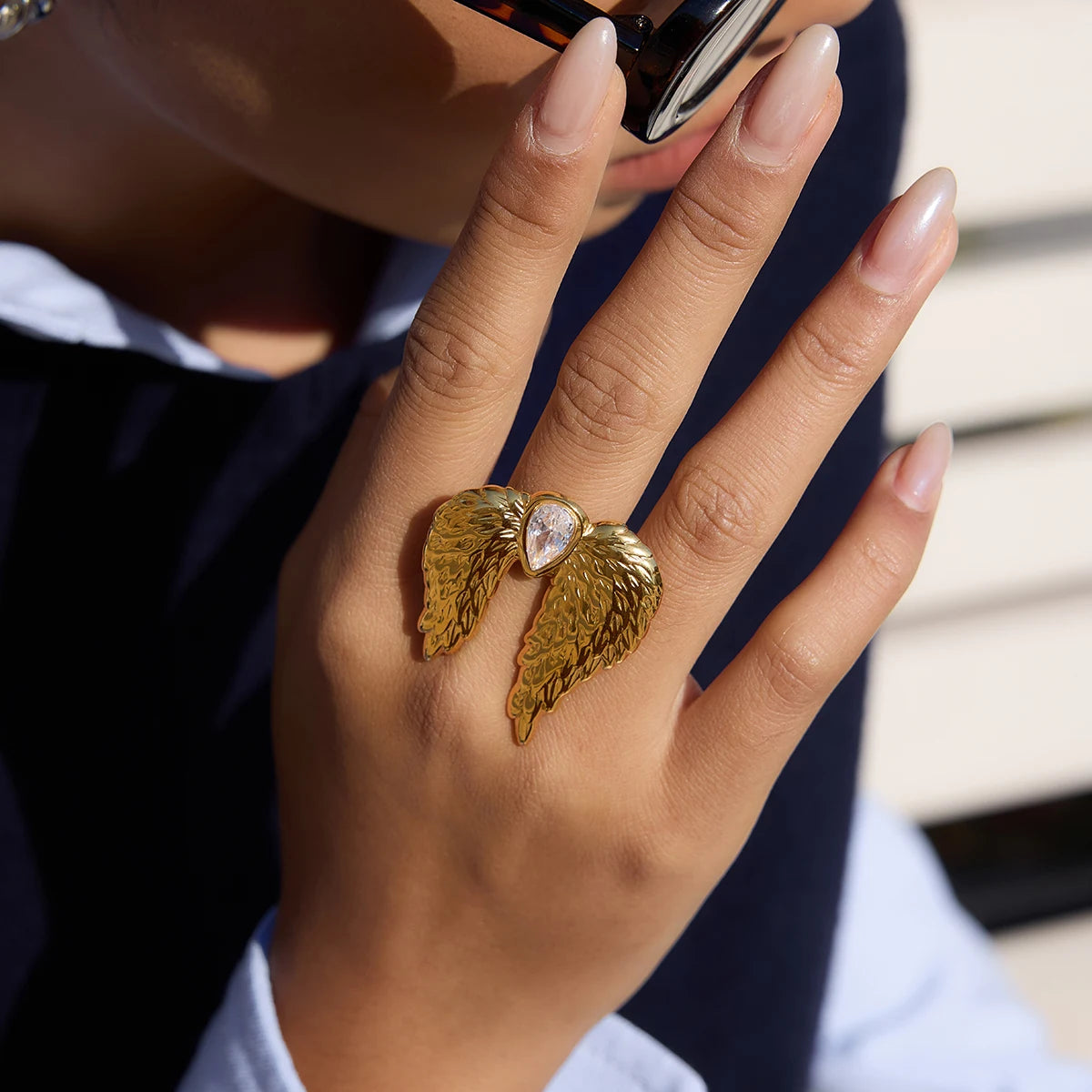 Classic White Zircon Wings Opening Ring