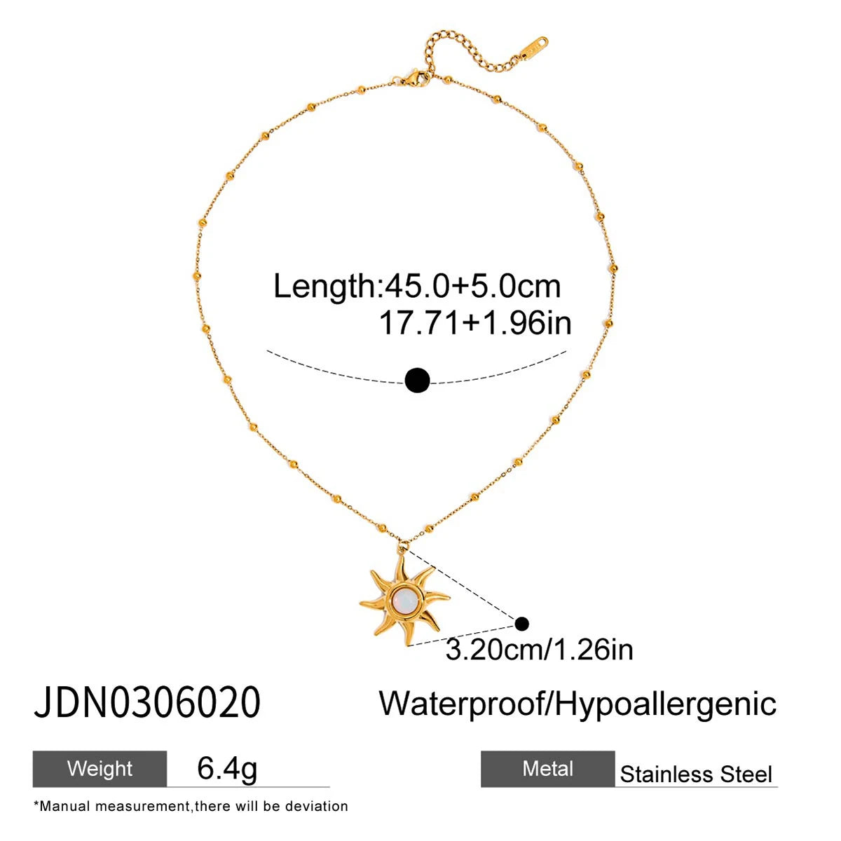 Kika  Designer Classic Opal Sun Pendant Bead Chain Necklace