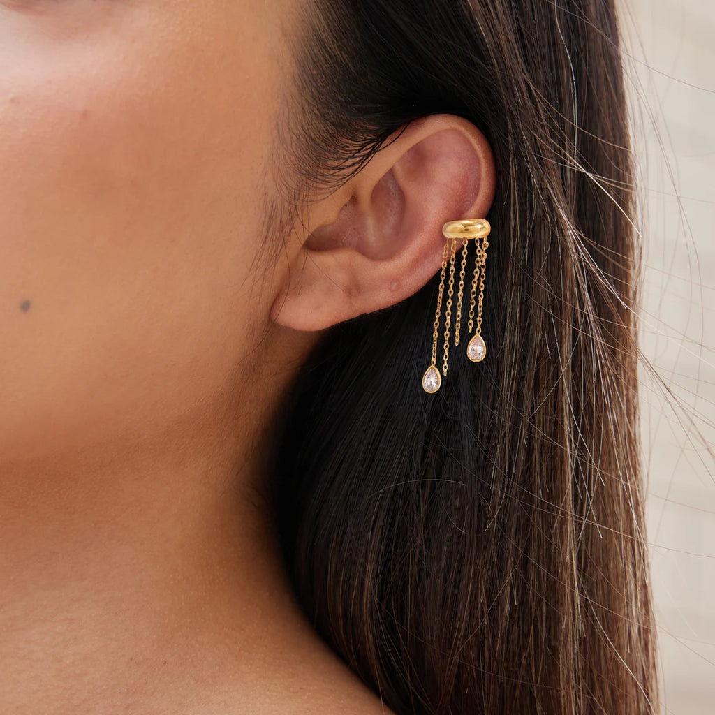 KIKA 1 PC Water Drop Zircon Chains Tassel Non-piercing Ear Clip 18K Gold Plated Stainless Steel 316L
