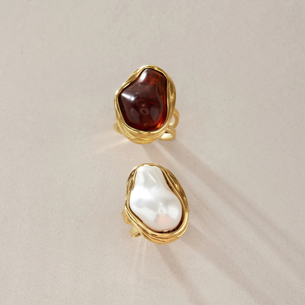 KIKA Chunky Imitation Baroque Pearl Resin Open Rings For Women 18K Gold PVD Plated Stainless Steel 316L