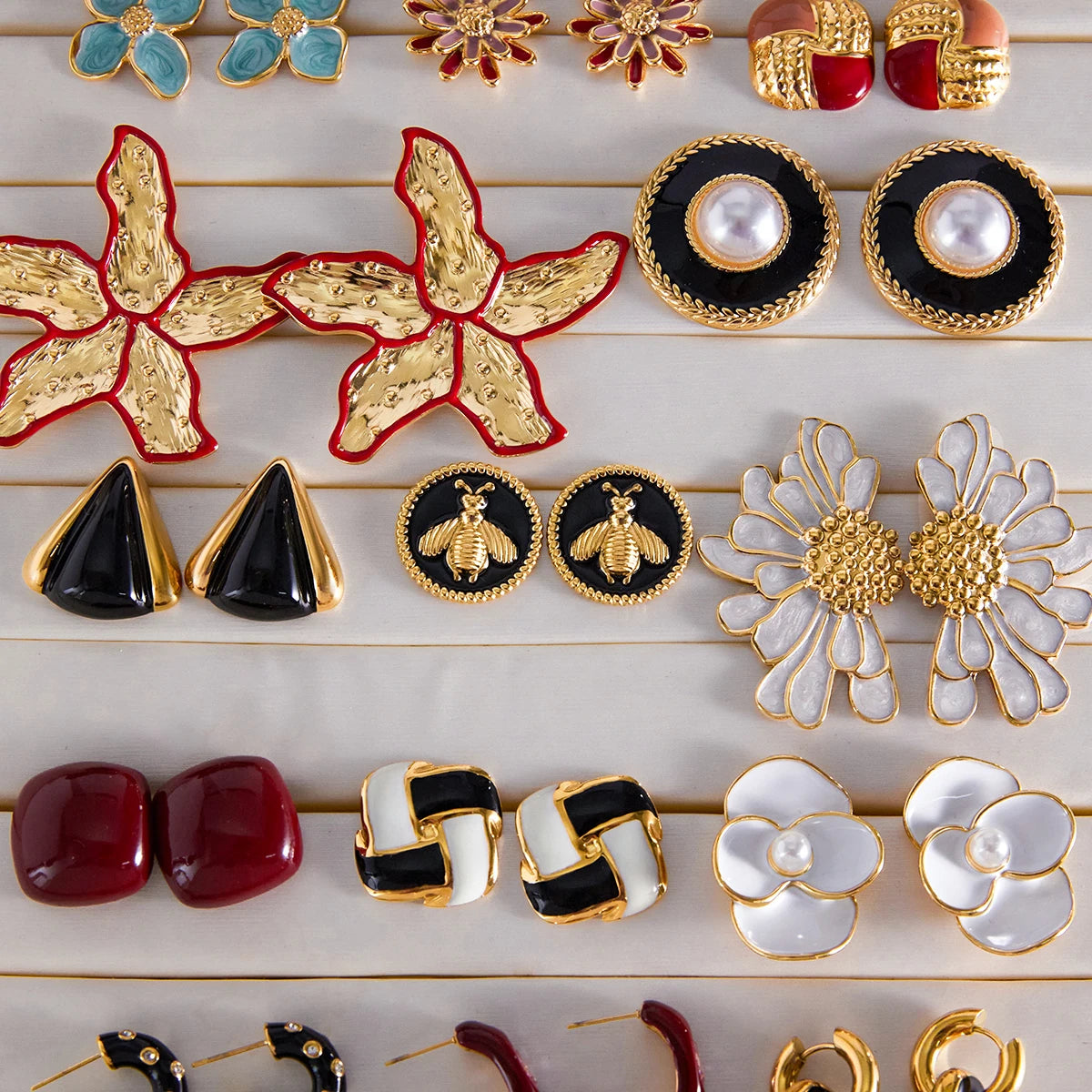 KIKA Vintage Square Red Double Color Drip Oil Ears Studs18K PVD Stainless Steel 316L Gold Color Irregular Drip Oil