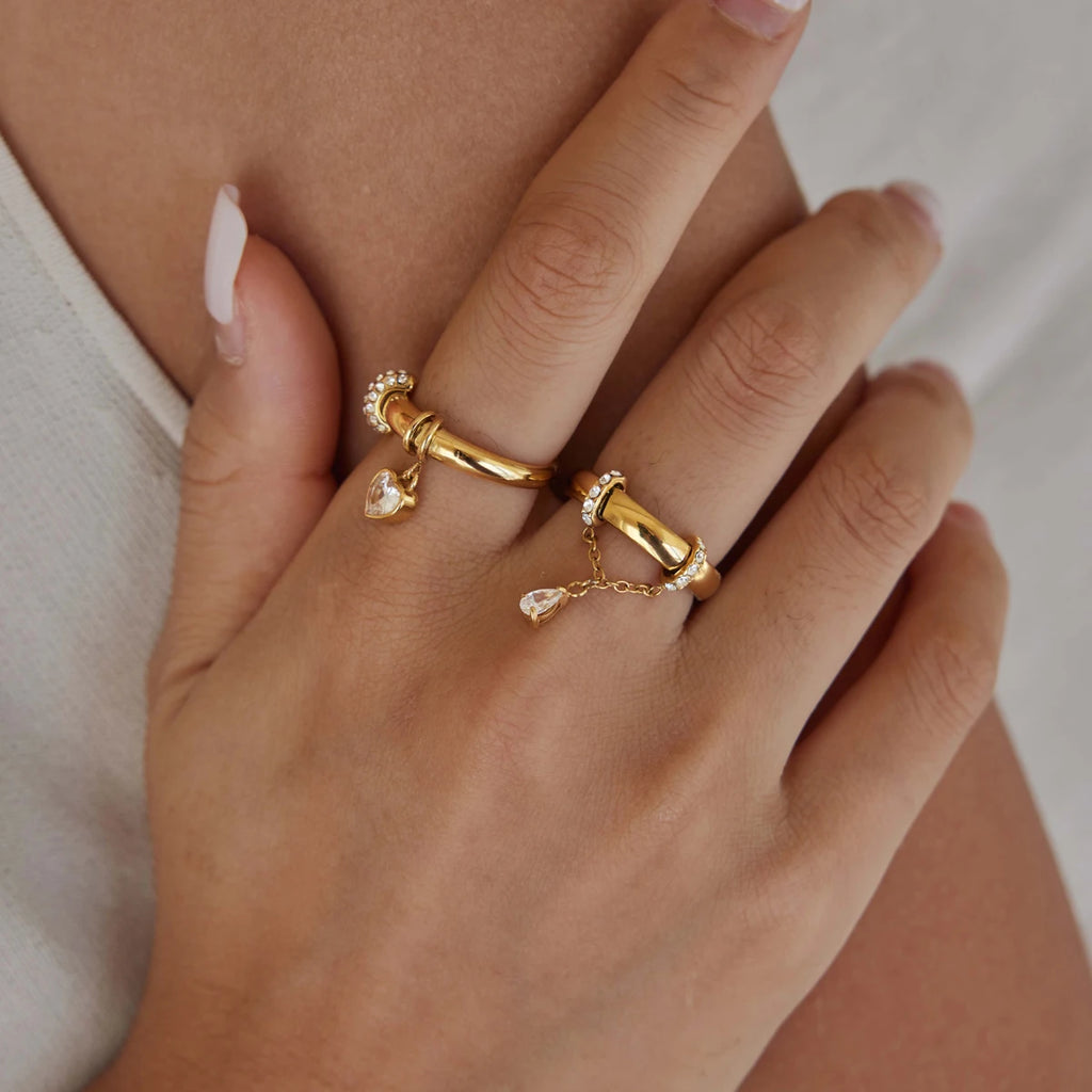 KIKA Zircon Heart Water Drop Little Charm Rings For Women Minimalist 18K Gold PVD Plated Stainless Steel Rings Fashion Jewelry