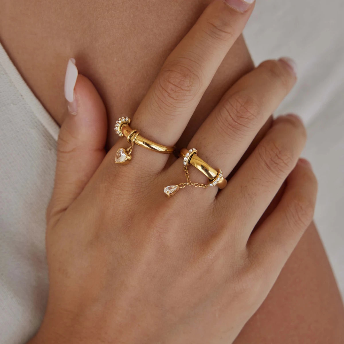 KIKA Zircon Heart Water Drop Little Charm Rings For Women Minimalist 18K Gold PVD Plated Stainless Steel Rings Fashion Jewelry