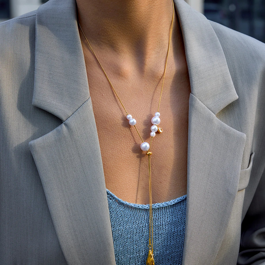 Water Droplet Pendant With Adjustable Y-Shaped Chain Tassel Necklace