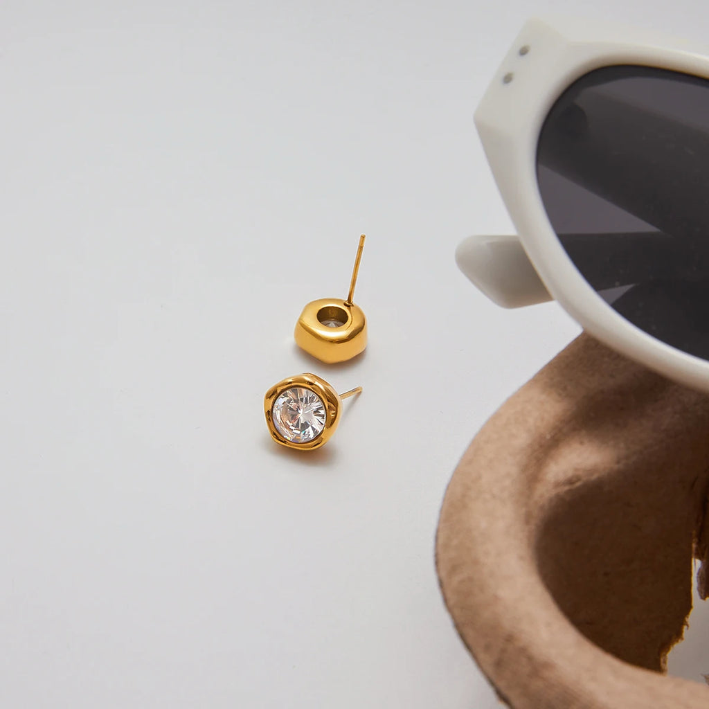 KIKA Simple Classic 18K Gold Color PVD Plated Stainless Steel 316L Round White Zircon Ear Studs