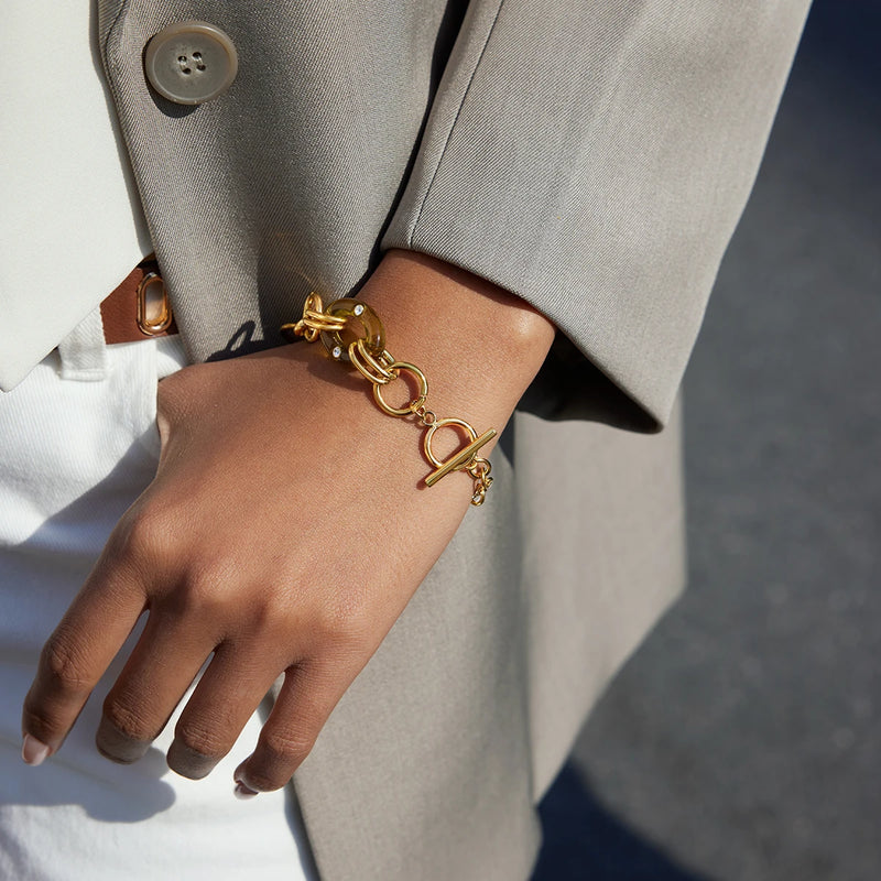 Vintage Large And Small Circular Rings Bracelet With Amber Resin Ring