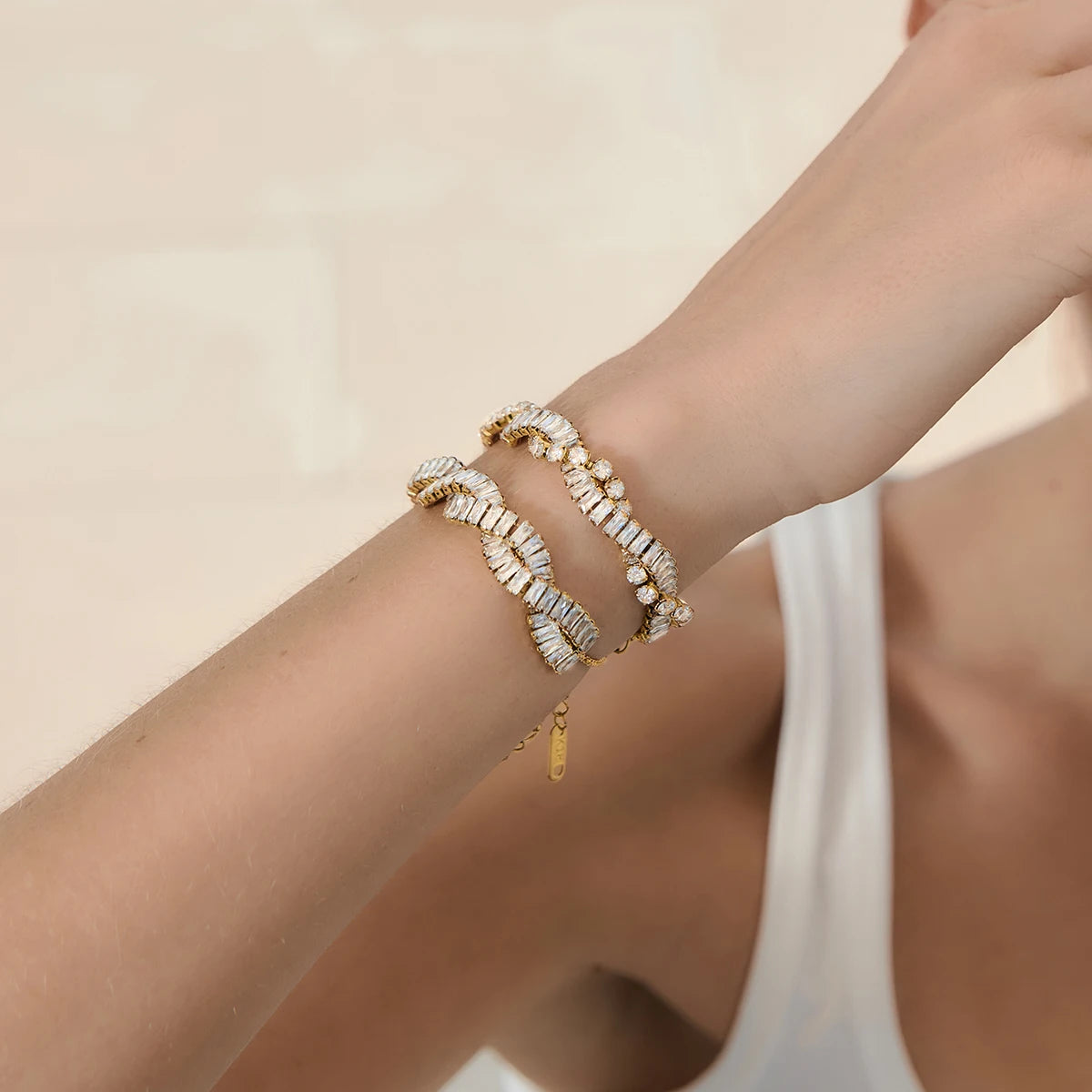 KIKA Delicate White Double-Layer Geometric Square Circular Zircons Winding Bracelet  Stainless Steel 316L