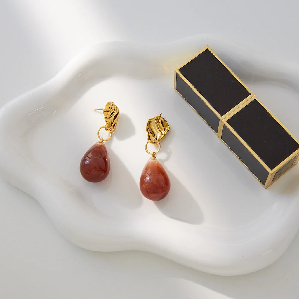 Kika Vintage Designer Texture Water Drop Ear Studs Brown Pendant Earrings