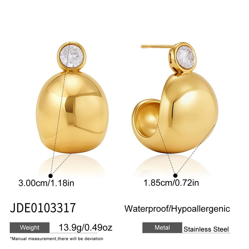 KIKA Round Zircon Chunky C Shape Stud Earrings PVD Plated Stainless Steel 316L