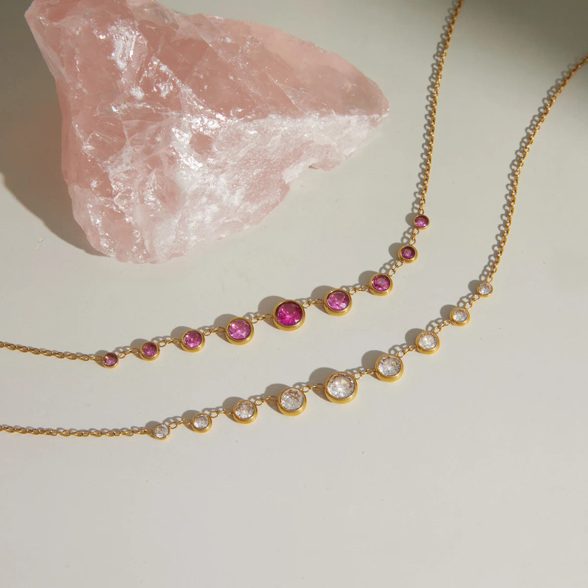 Kika Delicate Round Pink Light Blue Staggered Zircons Pendant Necklace