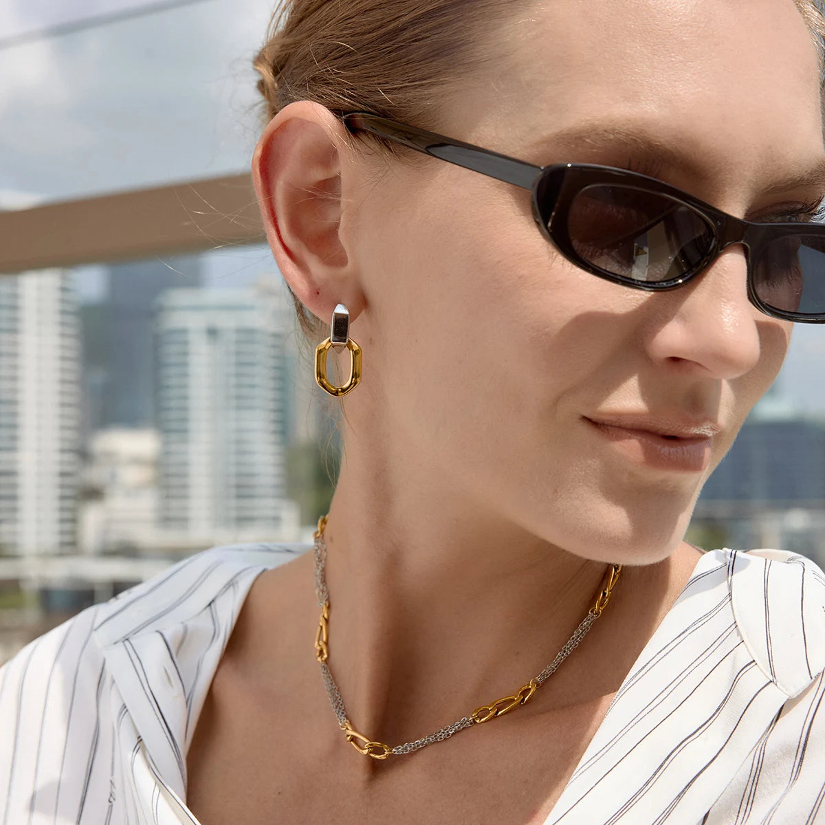 Kika  Delicate Blocked Smooth Geometric Double Ring Pendant Earrings