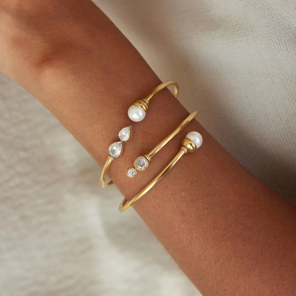 KIKA Imitation Pearl Geometric Zircon Soft Hollow Tube Cuff Bracelet For Women 18K Gold Plated Stainless Steel Bangle Jewelry