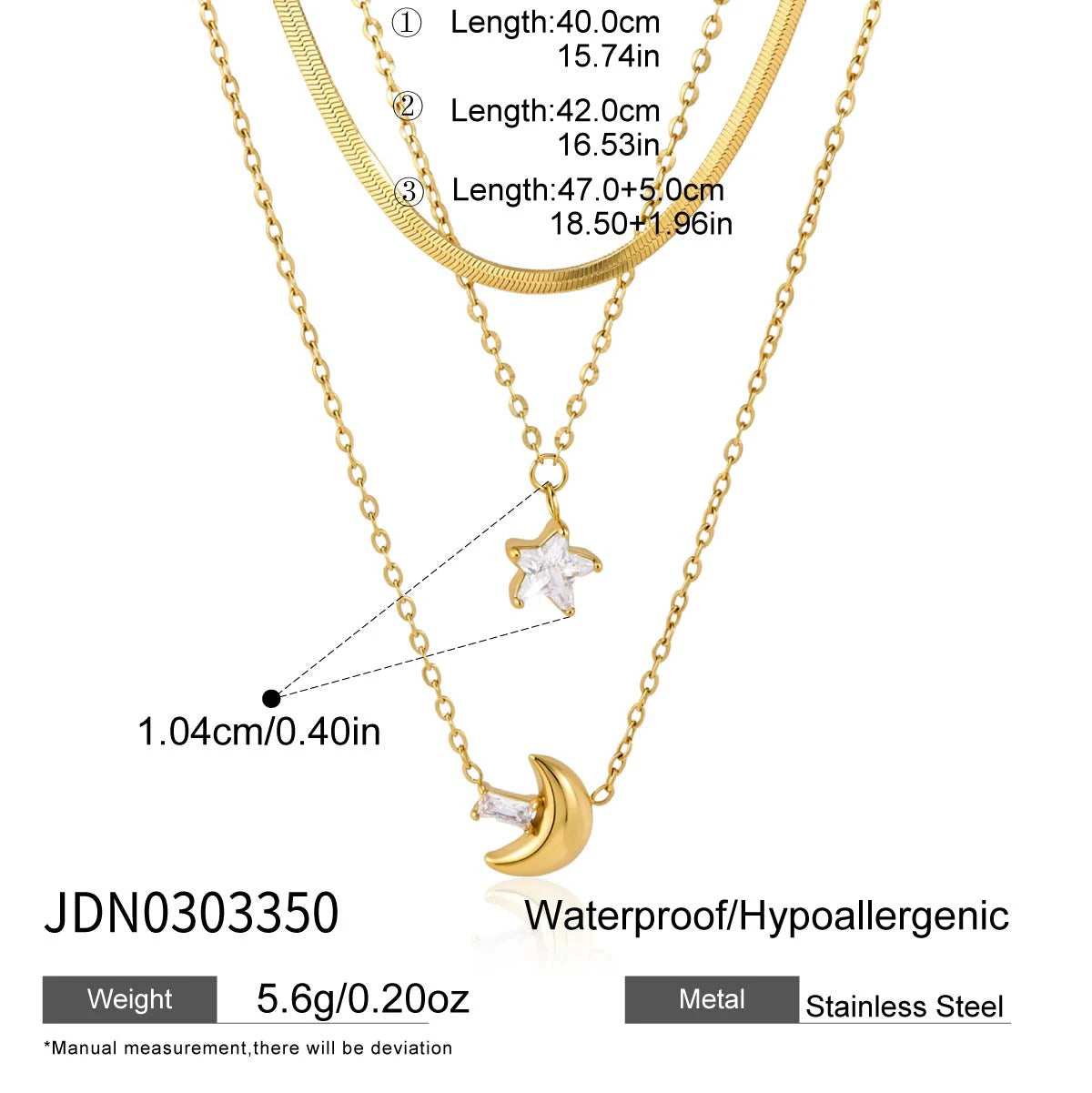 Kika Delicate Square White Zircon Moon Star Pendant With Three Layers Chain Necklaces