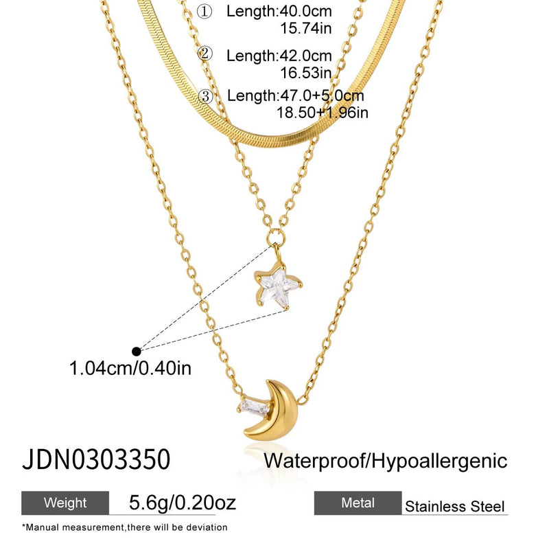 Kika Delicate Square White Zircon Moon Star Pendant With Three Layers Chain Necklaces