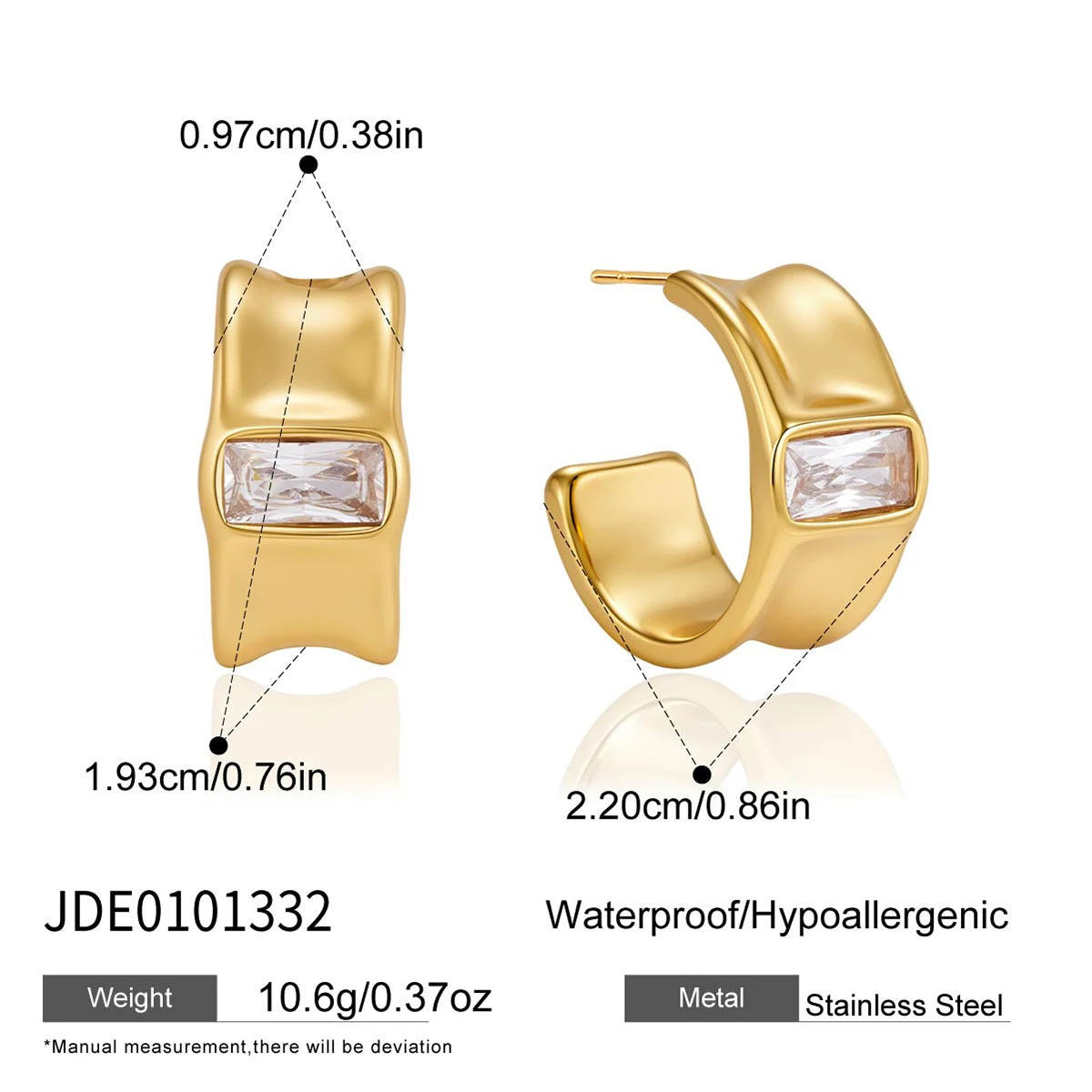 Kika Rectangle Zircon C Shape Stud Earrings 18K Gold PVD Plated Stainless Steel 316L
