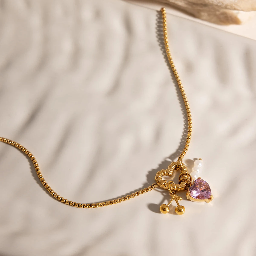 Kika Delicate Pink Heart-Shaped Zircon Pendant With Acrylic Pearl Cherry Charm Layered Necklace