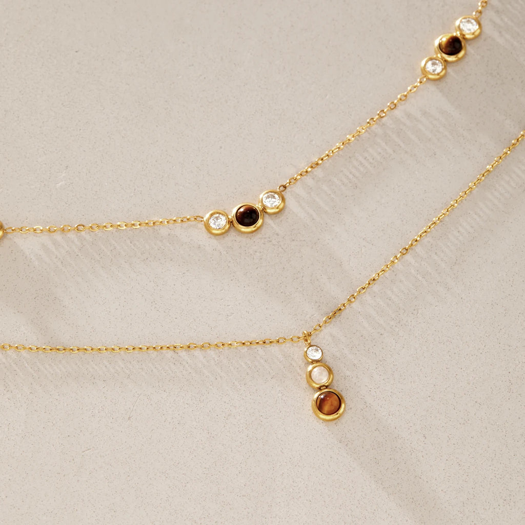 KIKA Tiger Eye Stone Zircon Pendant Necklace For Women Minimalist 18K Gold PVD Plated Stainless Steel 316L