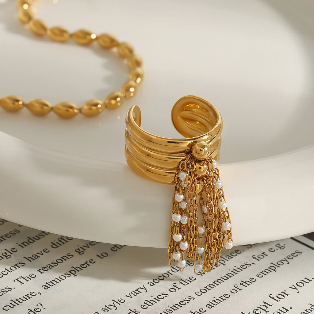 KIKA Classic Stainless Steel Tassel Ring With Three-layer Steel Ball Chain Tassel Opening Ring Stackable For Women's Accessori