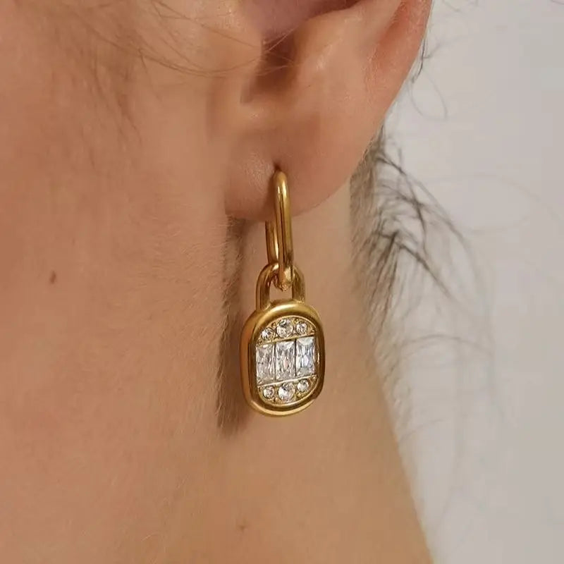KIKA Delicate Crystal Lock Drop Earrings For Women Minimalist 18K Gold PVD Plated Stainless Steel Earrings Fashion Jewelry