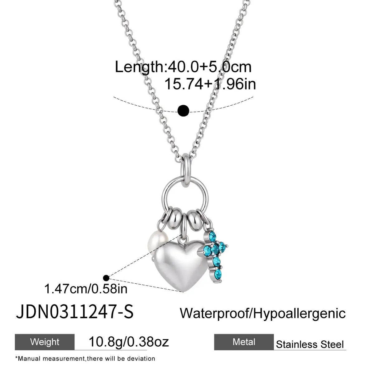 Kika Delicate Steel Color Cross Heart-Shaped Pendant With White Rhinestone Zircon O-Chain Necklace