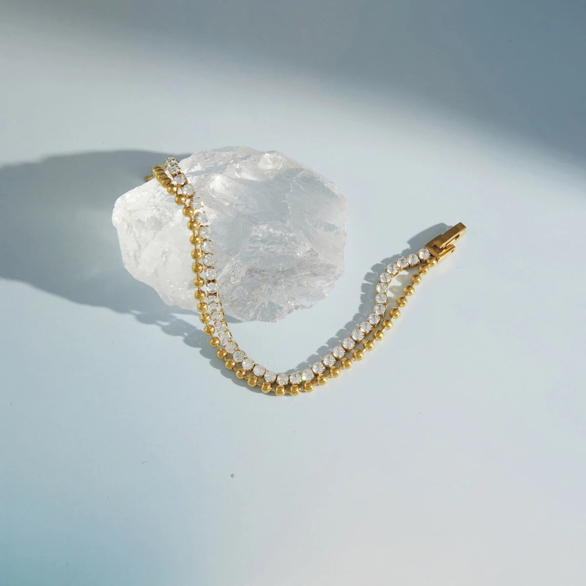 Kika Delicate White Zircon Chain With Gold Color Bead Chain Double-Layer Bracelet