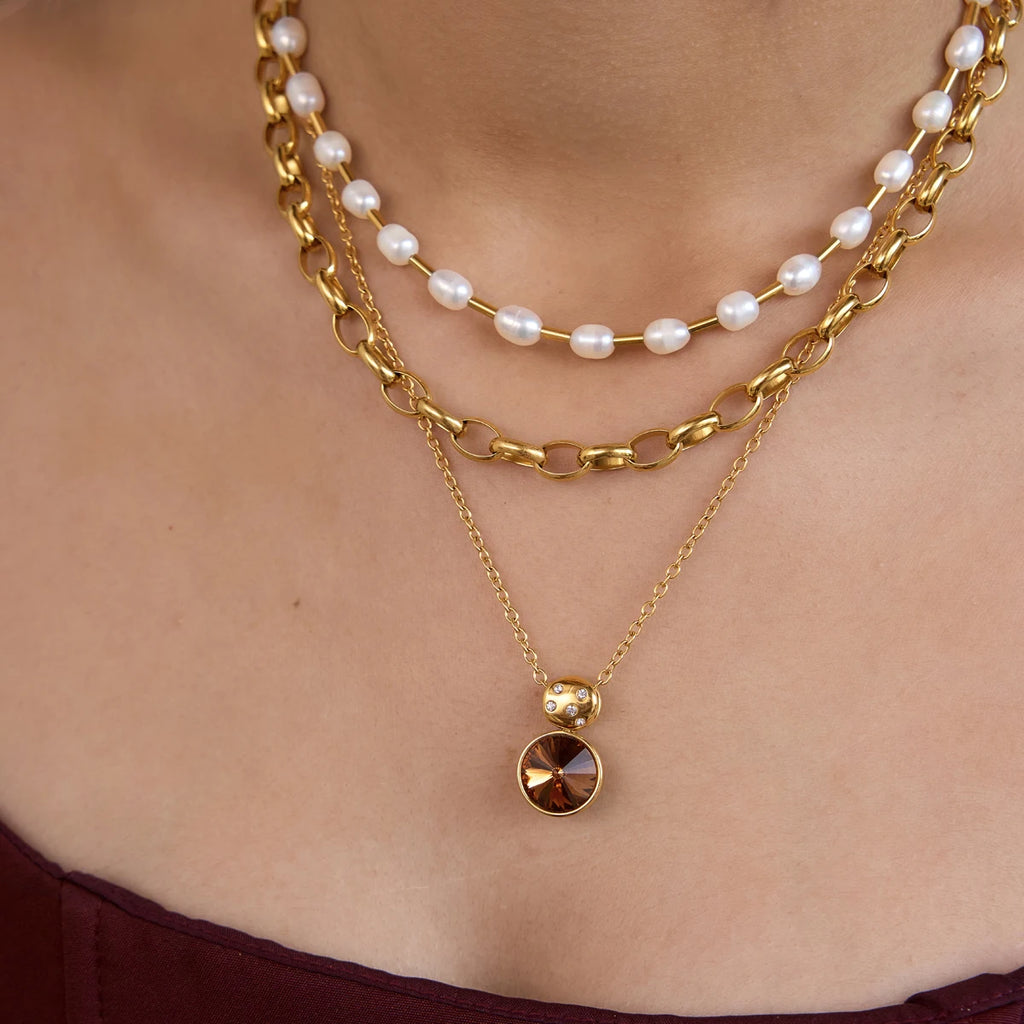 KIKA Elegant Multicolor Geometric Crystal Pendant Necklace PVD 18K Gold Plated Stainless Steel 316L