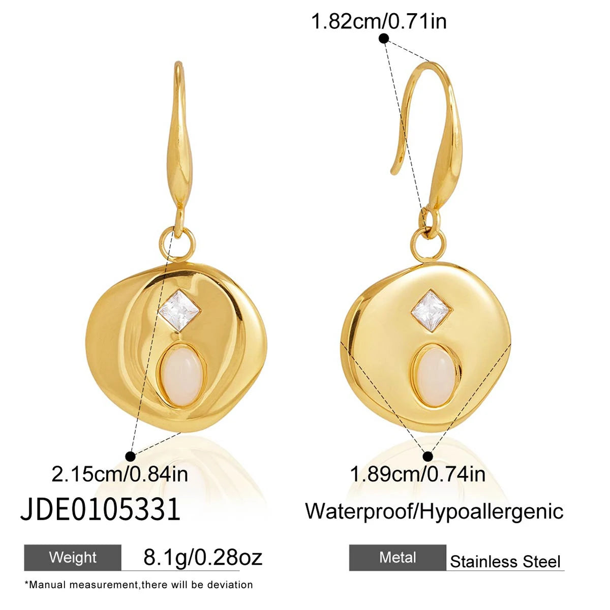 KIKA Natural Stone Zircon Coin Drop Earrings  PVD Plated Stainless Steel 316L
