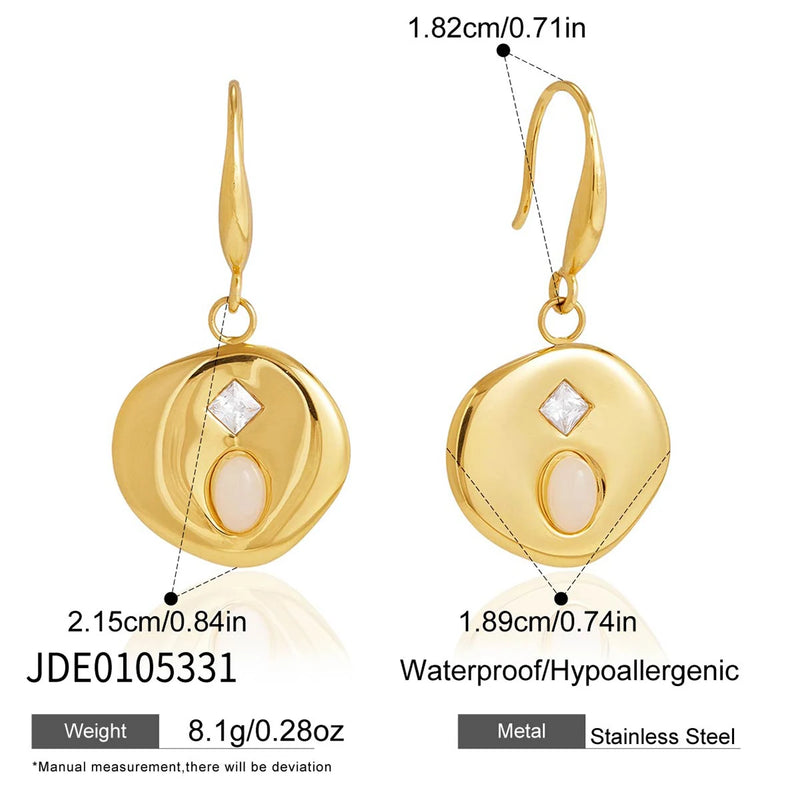 KIKA Natural Stone Zircon Coin Drop Earrings  PVD Plated Stainless Steel 316L