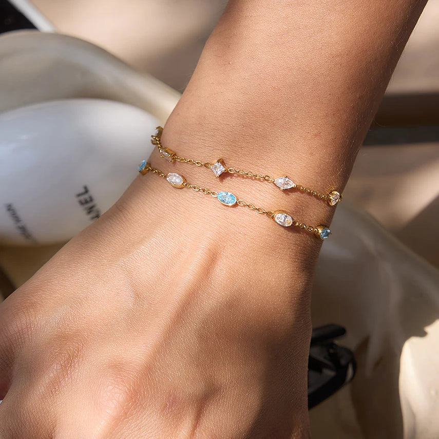 KIKA Delicate White Blue Geometric Droplet Shaped Zircon Bracelet PVD Gold Plated Stainless Steel 316L