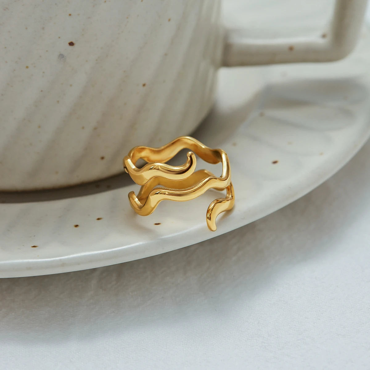 KIKA Minimalist 18K Gold Color PVD Plated Stainless Steel 316L Double Layer Wave Ring Three Layer Line Stackable Ring