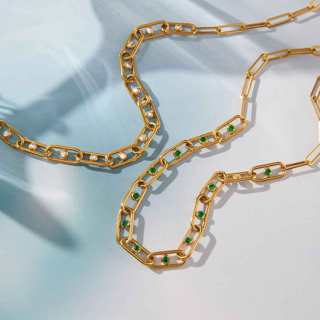 Hollow-Out Paperclip Chain Necklace With Green Rhinestones