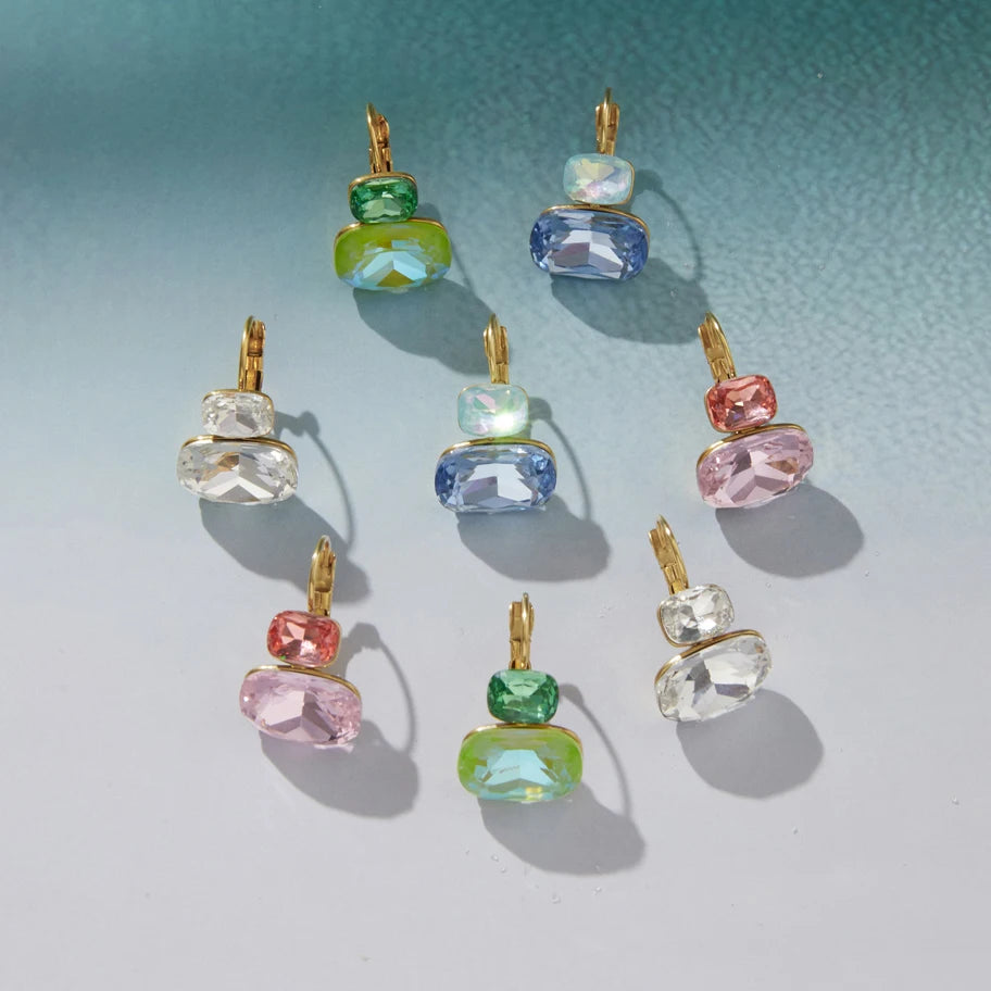 KIKA Delicate Blue White Colord Square Double-Layer Zircons Earrings  PVD Gold Plated Stainless Steel 316L