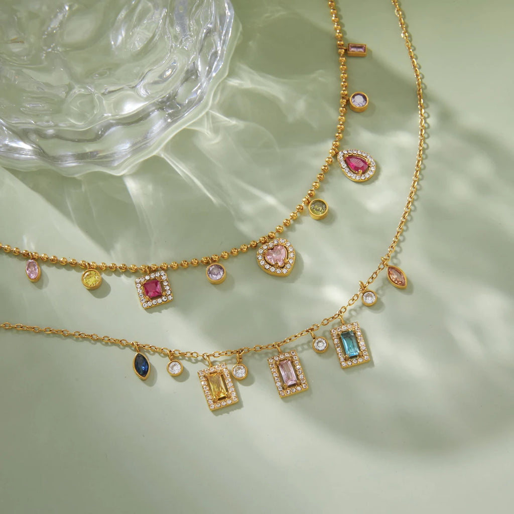 Kika Delicate 18K Colorful Square Geometric Zircon Pendant Bead Chain Necklace