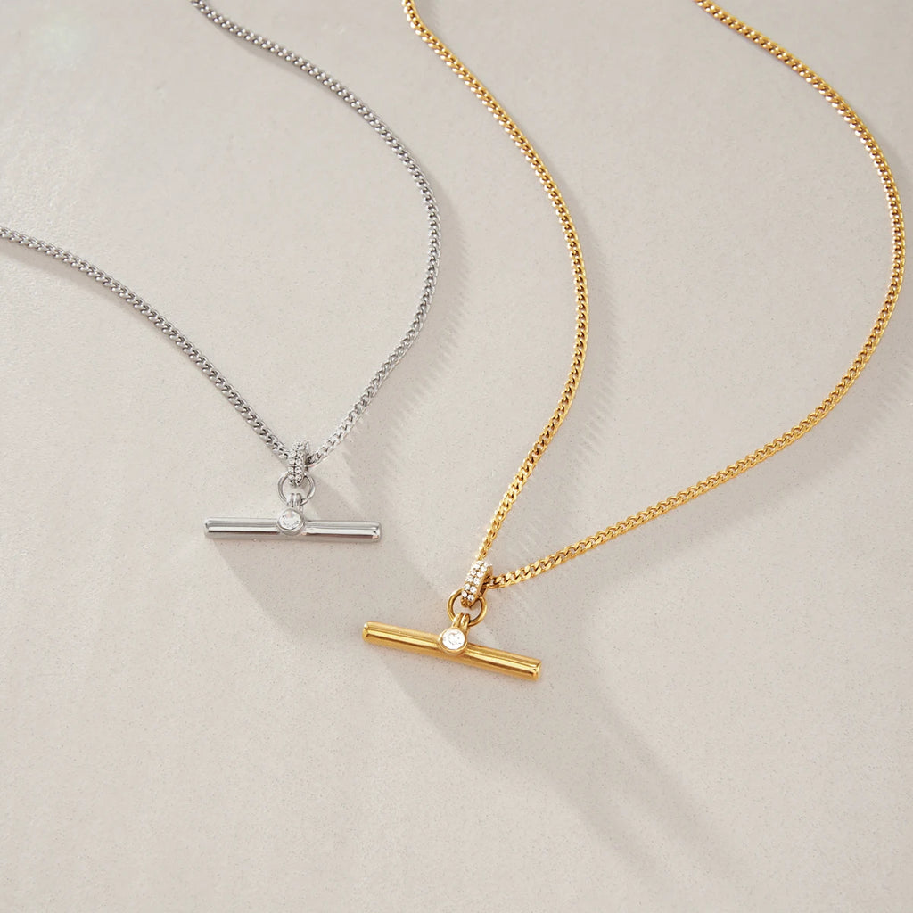 KIKA Classic Crystal T Bar Pendant Necklace 18K Gold PVD Plated Stainless Steel 316L