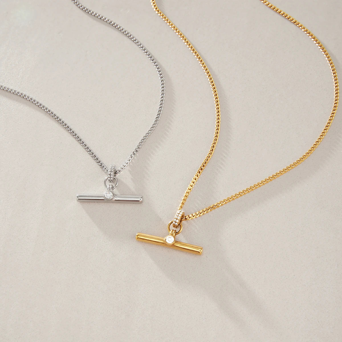 KIKA Classic Crystal T Bar Pendant Necklace 18K Gold PVD Plated Stainless Steel 316L
