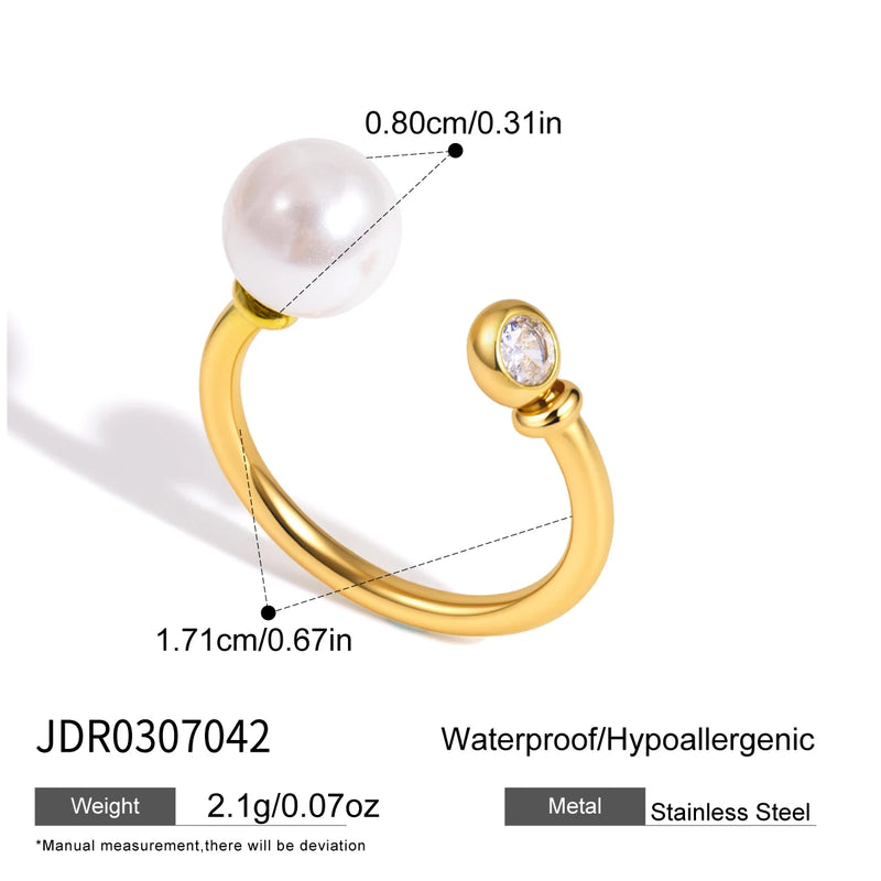 KIKA Elegant Zircon Imitation Pearl Open Rings For Women Minimalist 18K Gold PVD Plated Stainless Steel Rings Fashion Jewelry