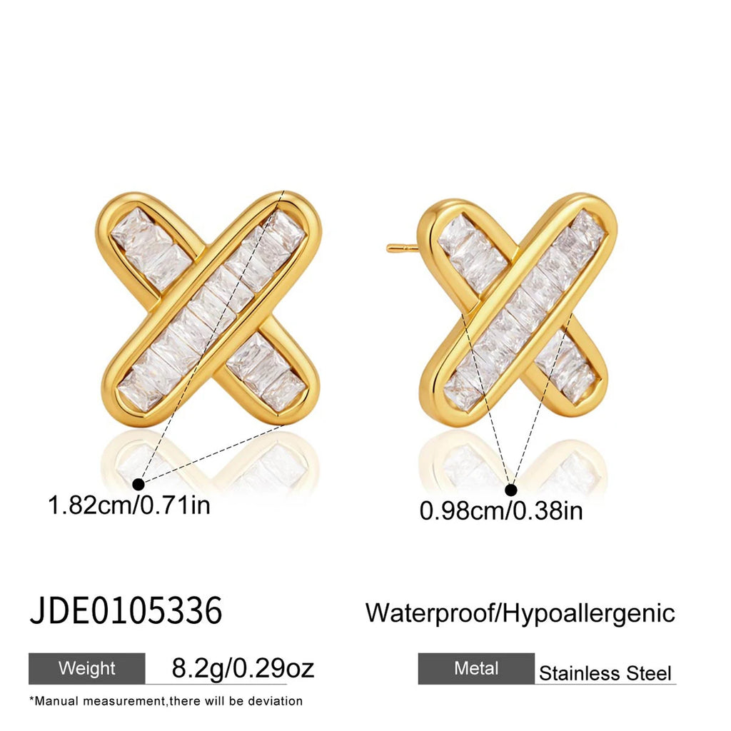 KIKA Delicate Iced Out Zircon Crossed Stud Earrings For Women 18K Gold Plated Stainless Steel Earrings Fashion Jewelry Gift