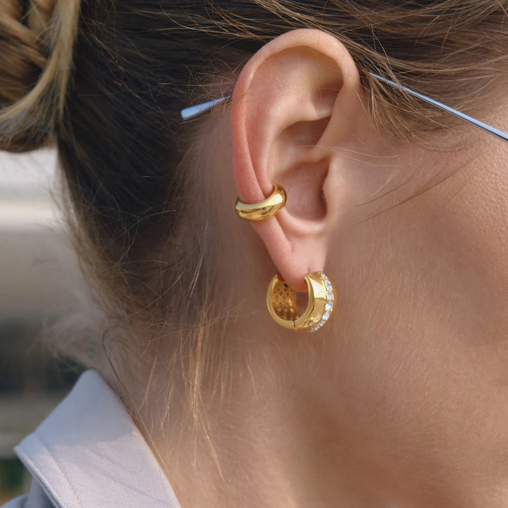 Classic Gold Color Wide-Faced Ear Buckle Earring With White Rhinestone