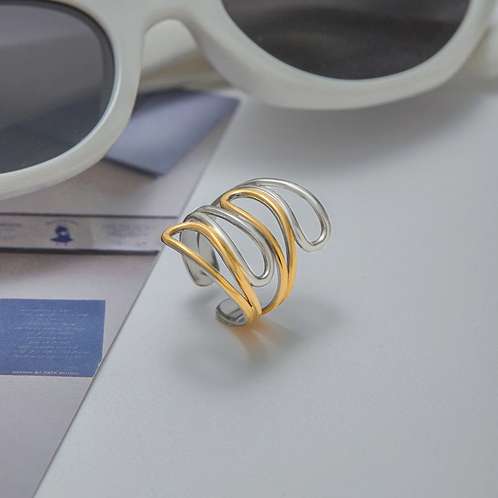KIKA Minimalist Two tone Multi layer Hollow Line Ring Stainless Steel 316L