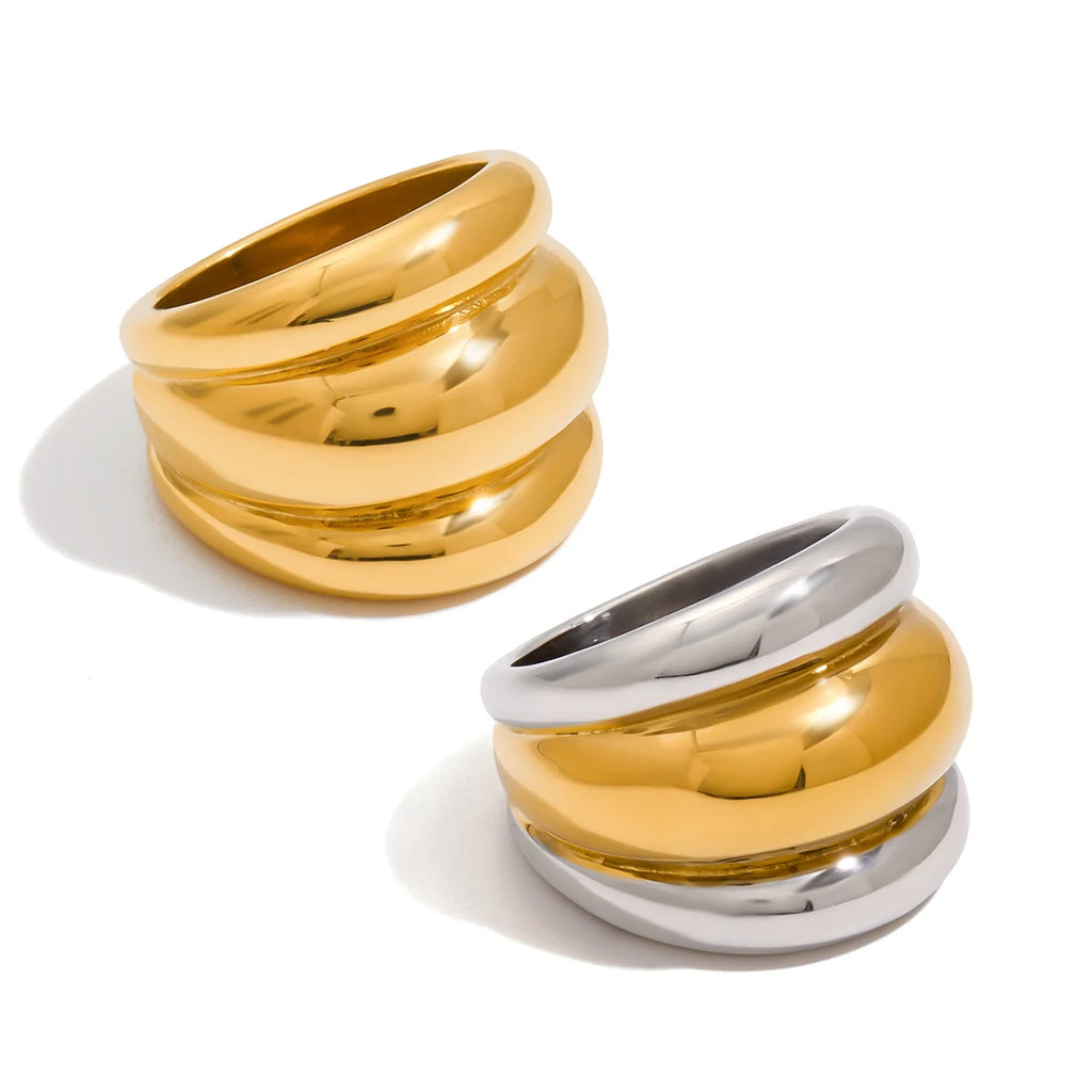 KIKA Statement 18K Gold Color Plated Stainless Steel Waterproof Two tone Chubby Three layer Raised Ribbed Ring Women's Jewelry